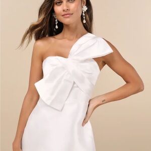 Lulu’s Utterly Pretty White Bow One-Shoulder Mini Dress with Pockets
